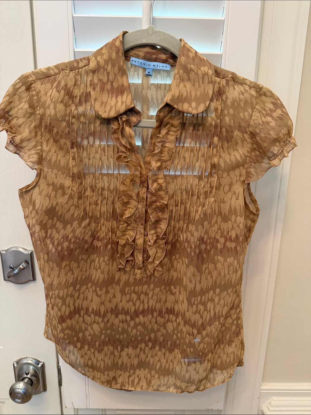ANTONIO MELANI Sheer Ruffle Front Short-Sleeve Blouse in Tan and Brown